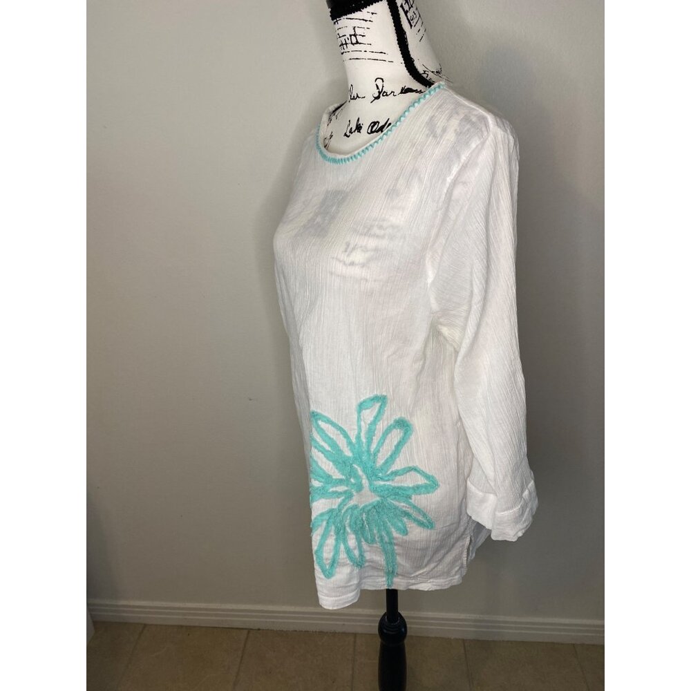 Sun Bay Cotton Top White Crinkle 3/4 Sleeve Tunic Chenille Palm Size P XL - Picture 3 of 12
